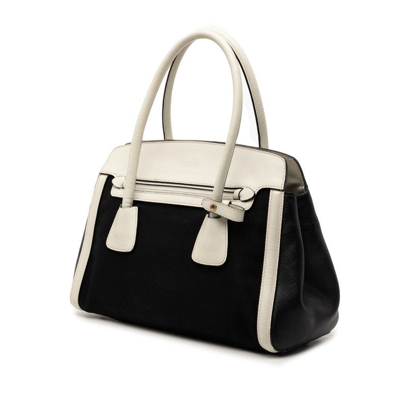 Prada Shoulder Tote Handbag 2-Way Black White Canvas Saffiano Leather