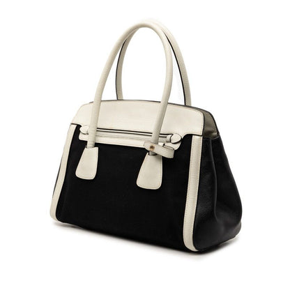 Prada Shoulder Tote Handbag 2-Way Black White Canvas Saffiano Leather