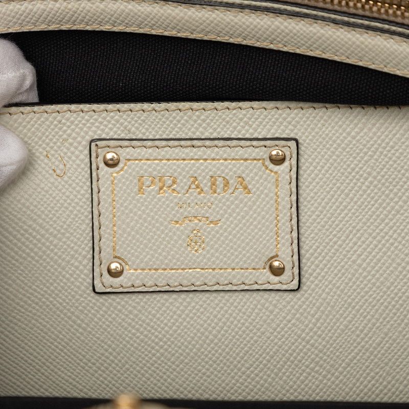Prada Shoulder Tote Handbag 2-Way Black White Canvas Saffiano Leather