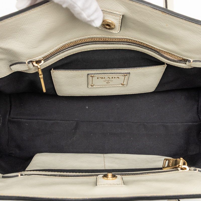Prada Shoulder Tote Handbag 2-Way Black White Canvas Saffiano Leather