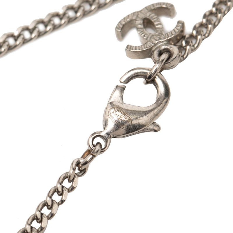 Chanel CC Logo Rhinestone Silver Metal Necklace