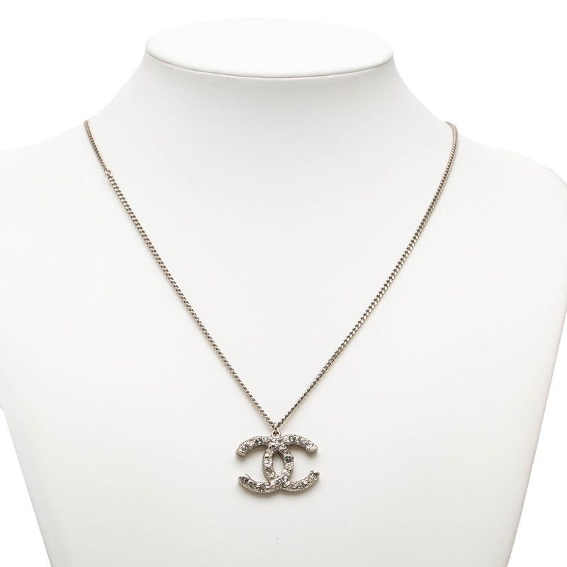 Chanel CC Logo Rhinestone Silver Metal Necklace