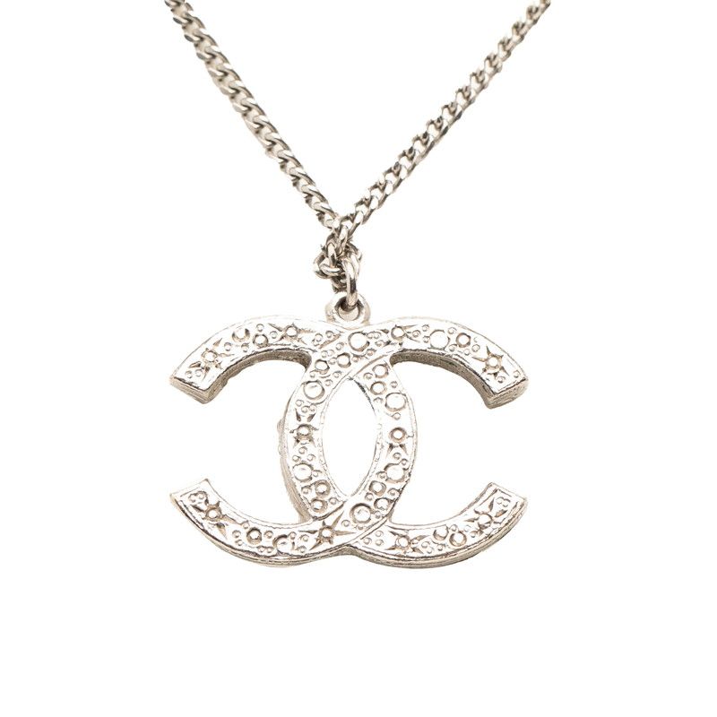 Chanel CC Logo Rhinestone Silver Metal Necklace