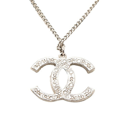 Chanel CC Logo Rhinestone Silver Metal Necklace