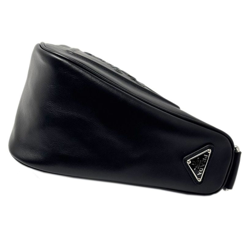 Prada Mini Shoulder Bag Triangle Embossed Logo Black Silver Leather Calfskin