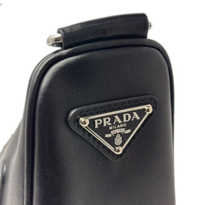 Prada Mini Shoulder Bag Triangle Embossed Logo Black Silver Leather Calfskin