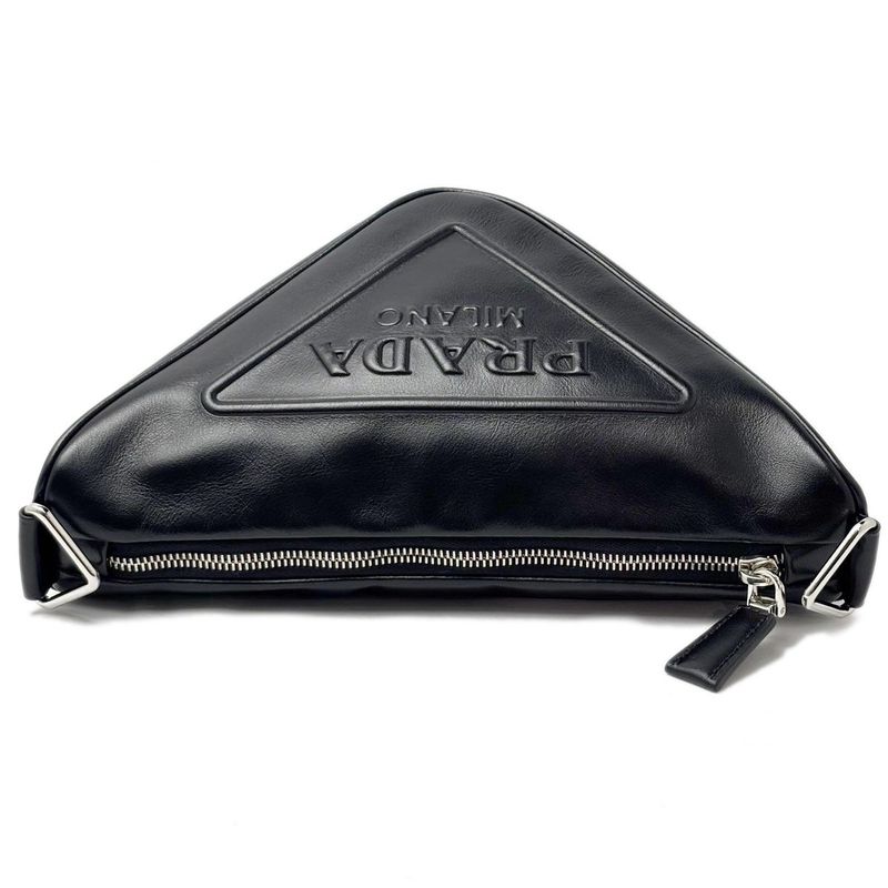 Prada Mini Shoulder Bag Triangle Embossed Logo Black Silver Leather Calfskin
