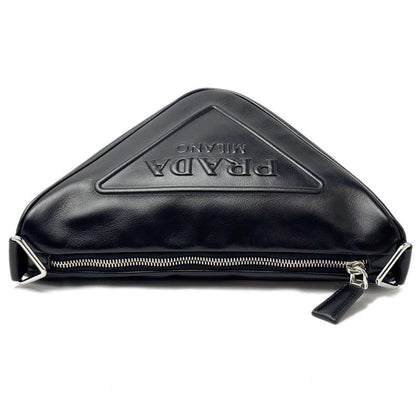Prada Mini Shoulder Bag Triangle Embossed Logo Black Silver Leather Calfskin