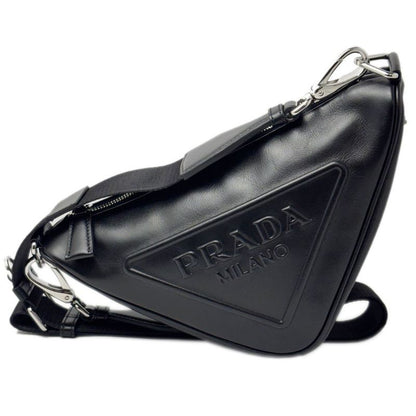 Prada Mini Shoulder Bag Triangle Embossed Logo Black Silver Leather Calfskin