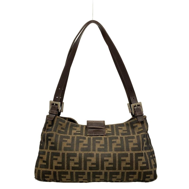 Fendi Shoulder Bag Zucca Pattern Black Beige Dark Brown Leather