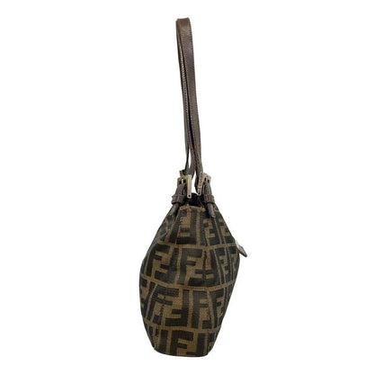 Fendi Shoulder Bag Zucca Pattern Black Beige Dark Brown Leather