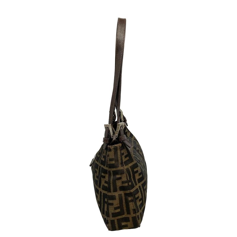 Fendi Shoulder Bag Zucca Pattern Black Beige Dark Brown Leather