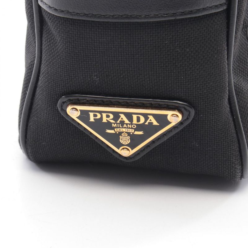 Prada Shoulder Bag Logo Jacquard Black Canvas Leather Ribbon