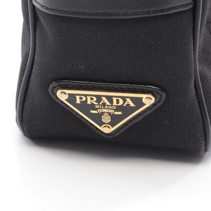 Prada Shoulder Bag Logo Jacquard Black Canvas Leather Ribbon