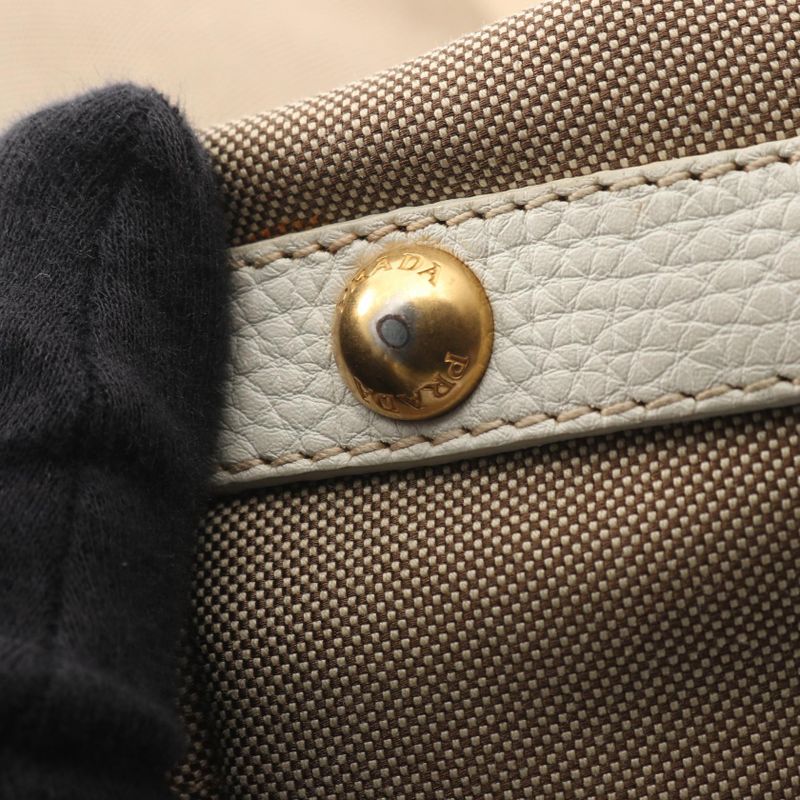 Prada Handbag Logo Jacquard Beige Gold Canvas Leather 2-Way Beige