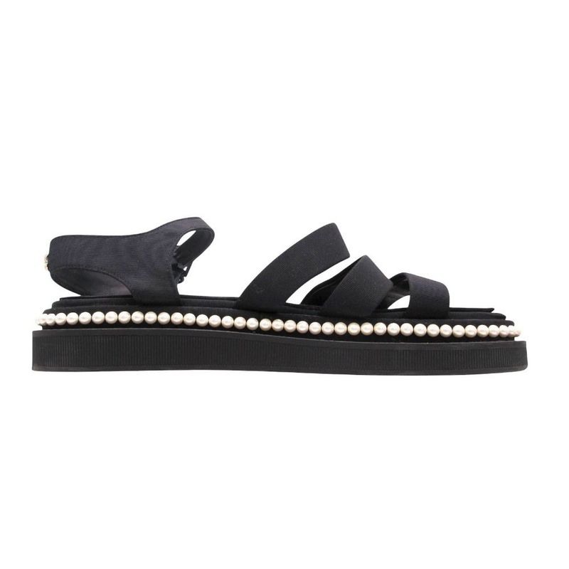 Chanel Footbed Sandals Shoes Grosgrain CC Logo Costume Pearl 36