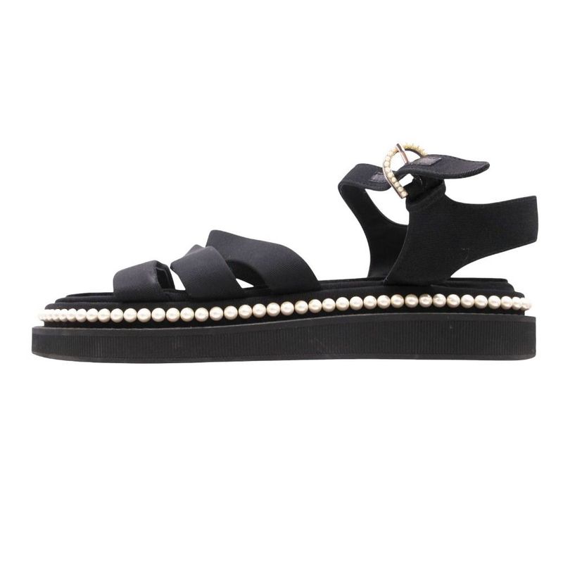 Chanel Footbed Sandals Shoes Grosgrain CC Logo Costume Pearl 36