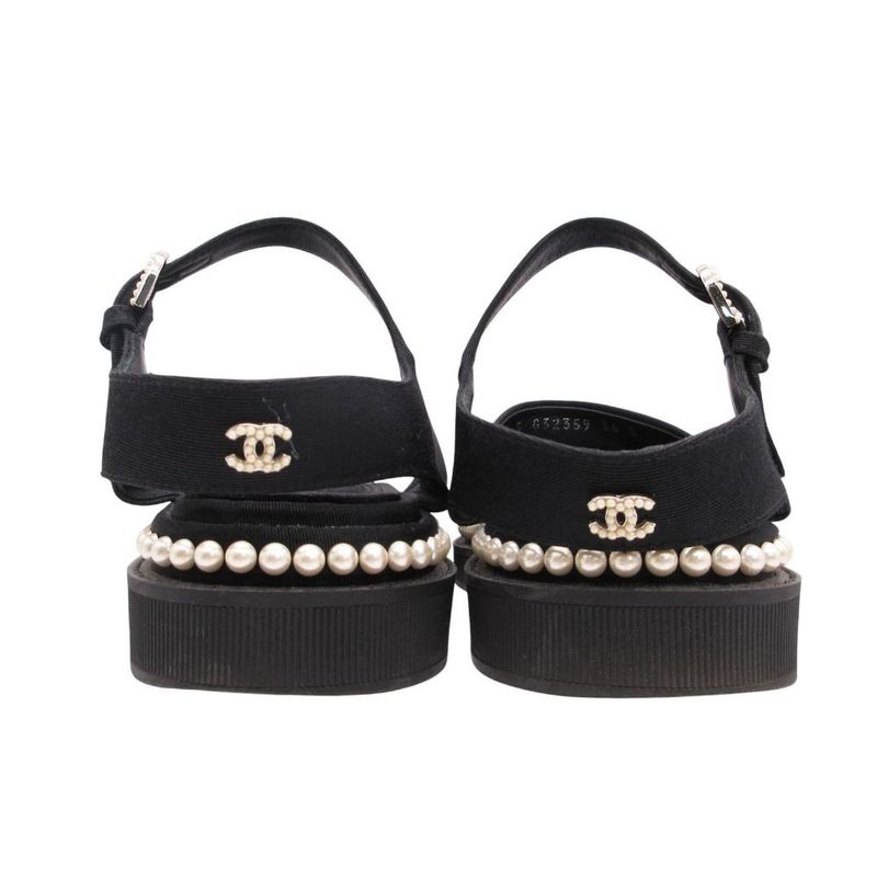 Chanel Footbed Sandals Shoes Grosgrain CC Logo Costume Pearl 36