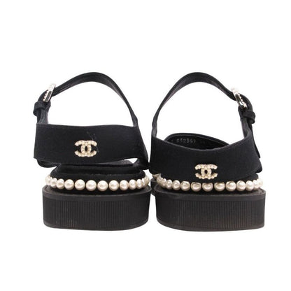 Chanel Footbed Sandals Shoes Grosgrain CC Logo Costume Pearl 36