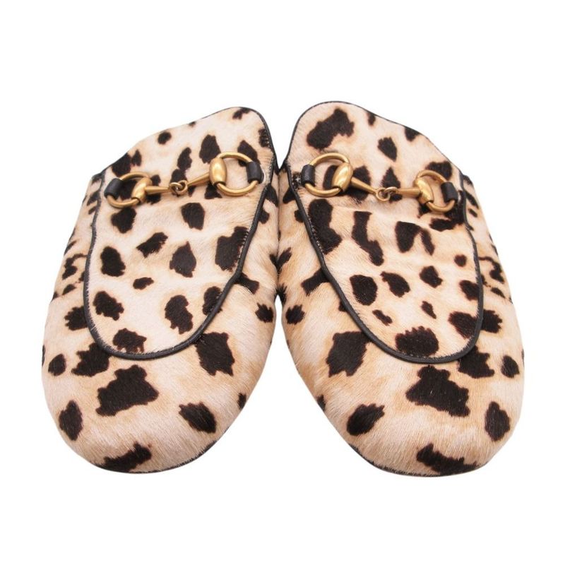 Gucci Horsebit Calf Hair Leopard Pattern Mule Sandals Shoes White 34.5