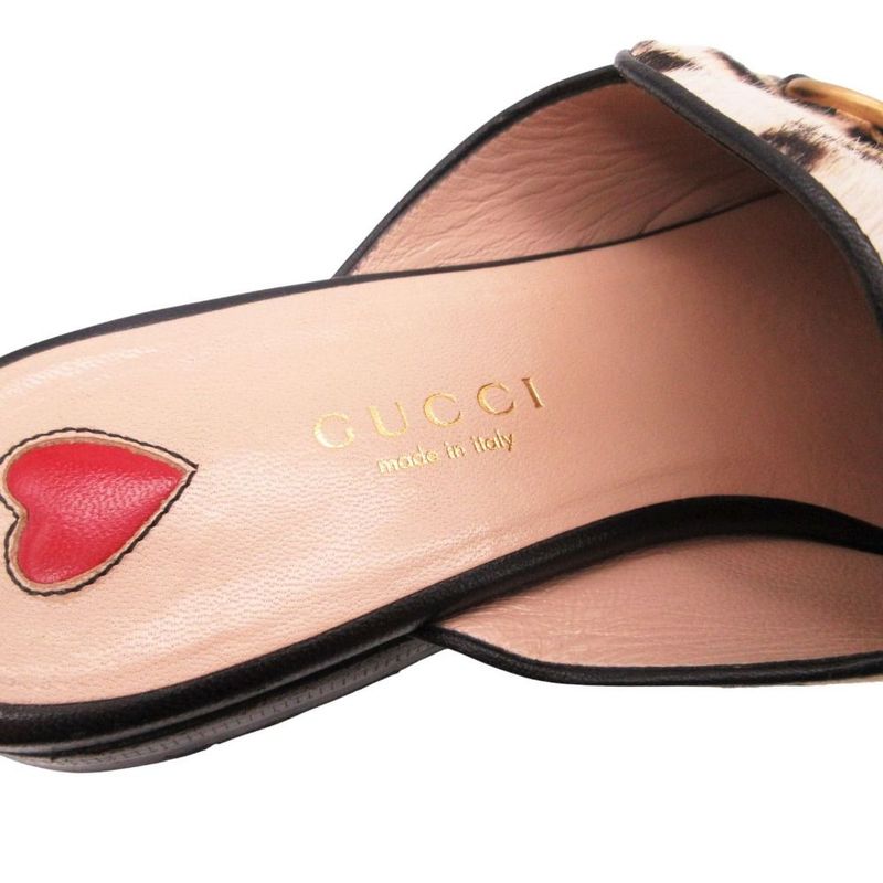Gucci Horsebit Calf Hair Leopard Pattern Mule Sandals Shoes White 34.5
