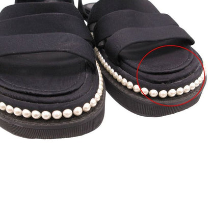 Chanel Footbed Sandals Shoes Grosgrain CC Logo Costume Pearl 36