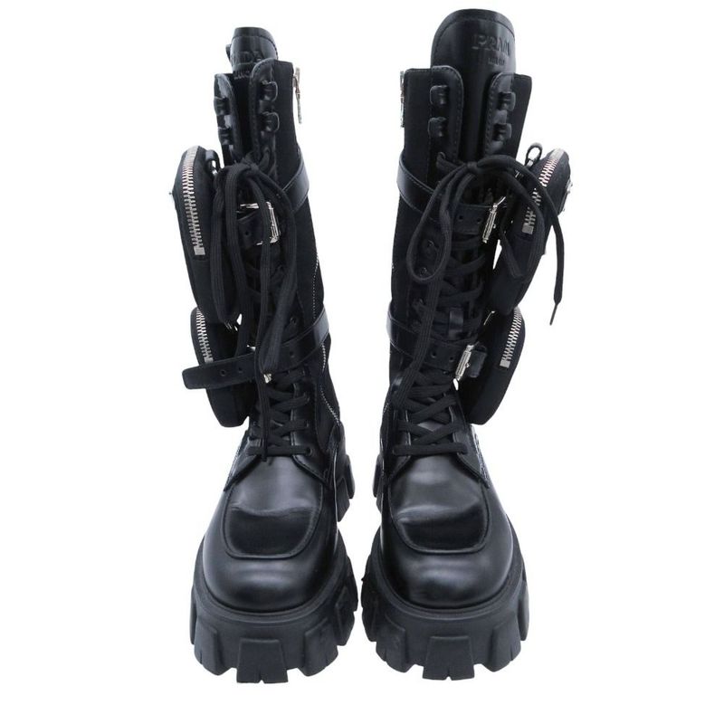 Prada Monolith Long Boots Leather Nylon Triangle Plate Logo Shoes Pouch