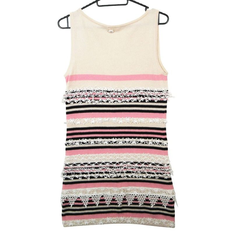 Chanel Vintage Cashmere Knit Dress Sleeveless Embroidery Lace Border
