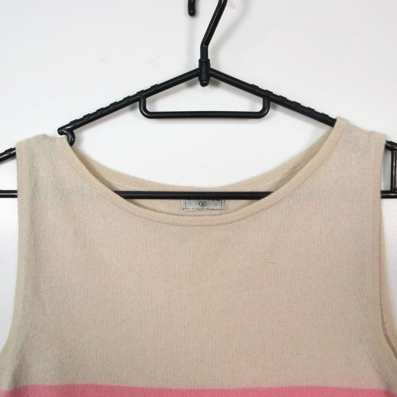 Chanel Vintage Cashmere Knit Dress Sleeveless Embroidery Lace Border