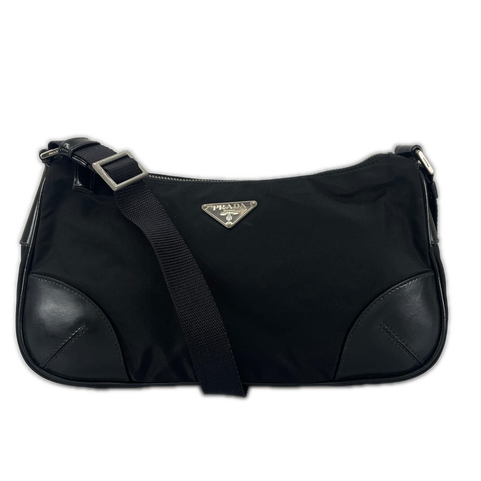 Prada Hobo Triangle Logo Shoulder Bag Nylon Black