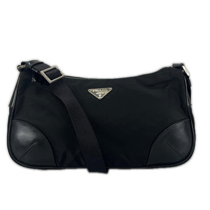 Prada Hobo Triangle Logo Shoulder Bag Nylon Black
