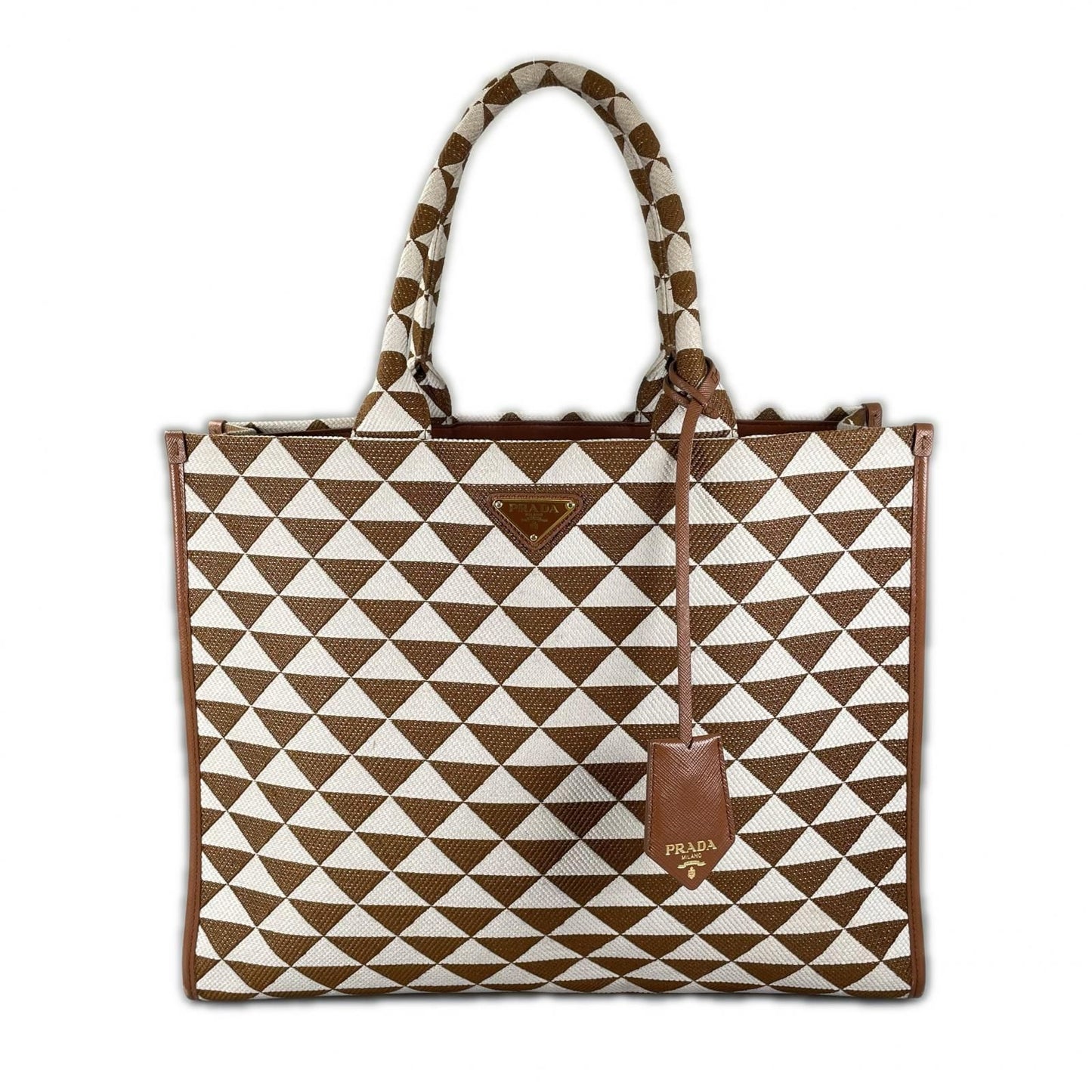 Prada Symbol Embroidered Fabric Tote Bag Brown