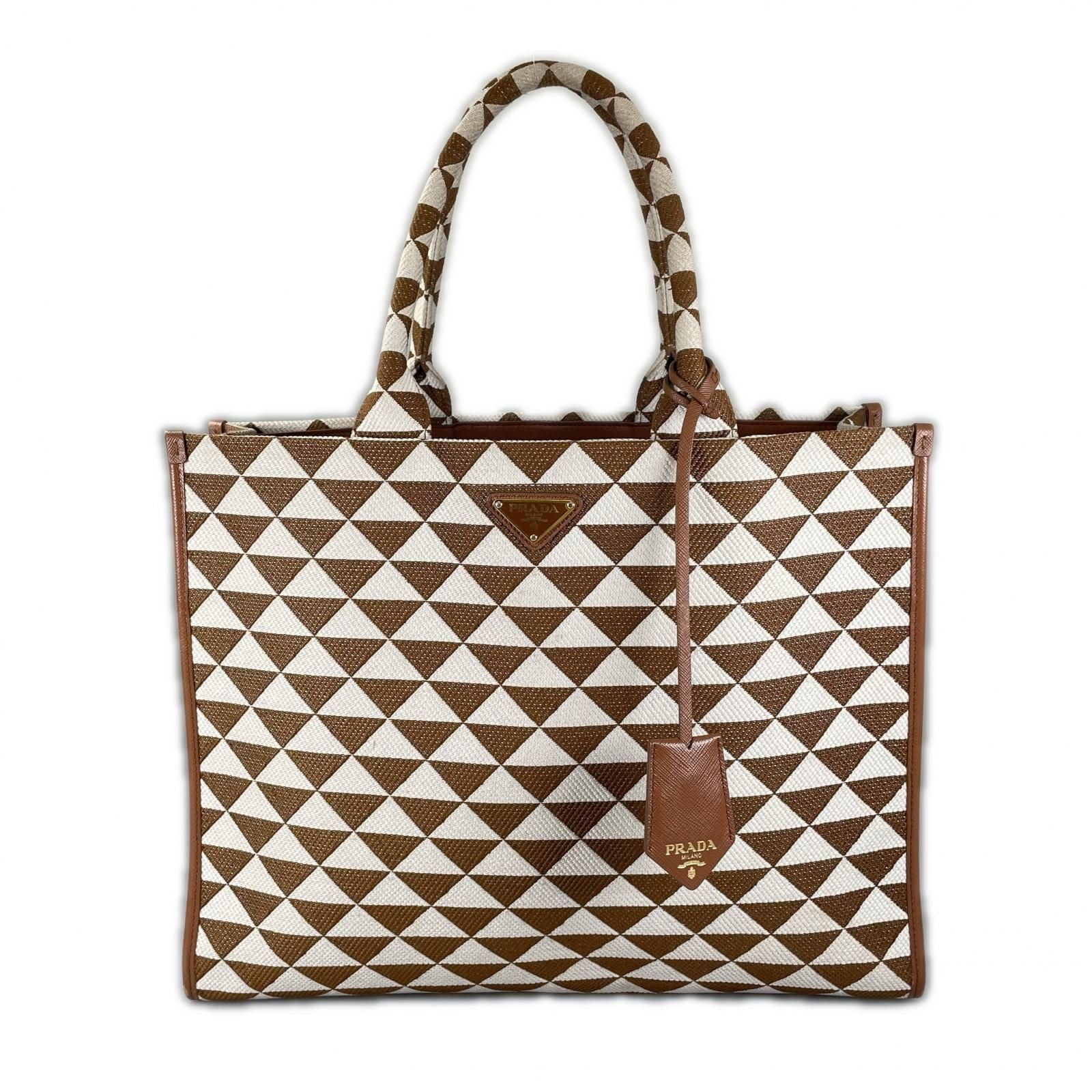 Prada Symbol Embroidered Fabric Tote Bag Brown