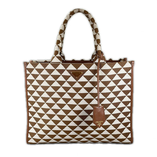 Prada Symbol Embroidered Fabric Tote Bag Brown