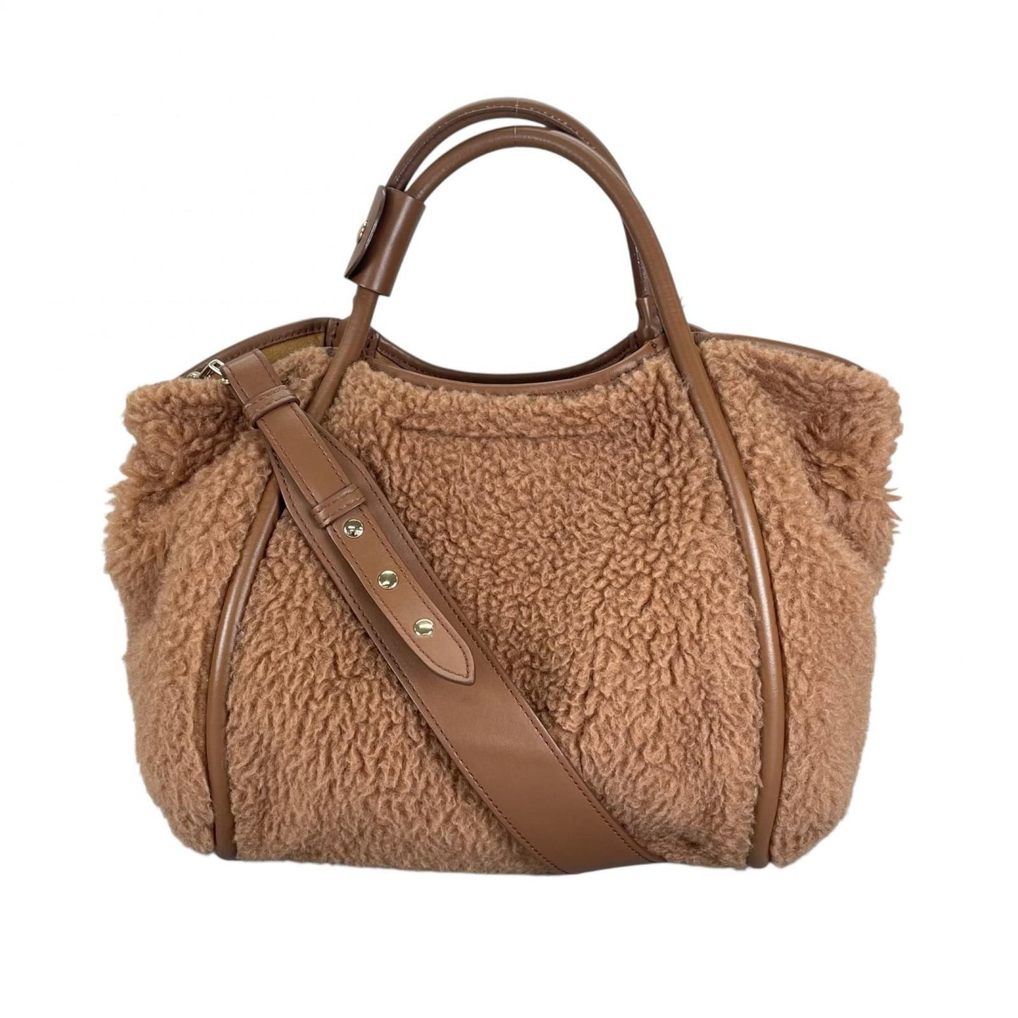 Max Mara Teddy Bear Bag 2-Way Handbag Camel Silk Brown