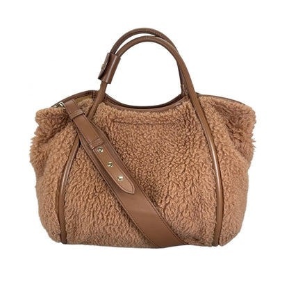 Max Mara Teddy Bear Bag 2-Way Handbag Camel Silk Brown