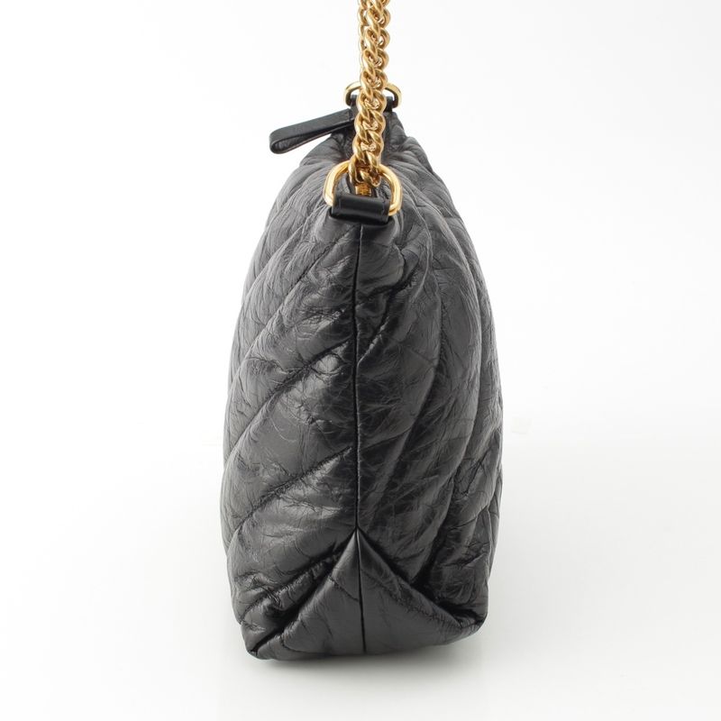 Balenciaga Crush Leather Small Quilted Hobo Chain Shoulder Bag Black
