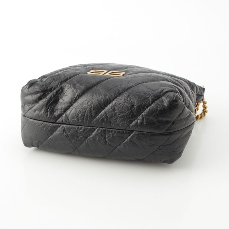 Balenciaga Crush Leather Small Quilted Hobo Chain Shoulder Bag Black