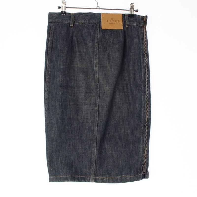 Gucci Cotton Era Logo Patch Side Zip Denim Skirt Indigo 38