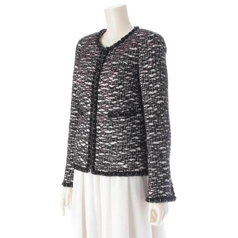 Chanel Wool CC Logo Trimmed Collarless Jacket Black White 34 X