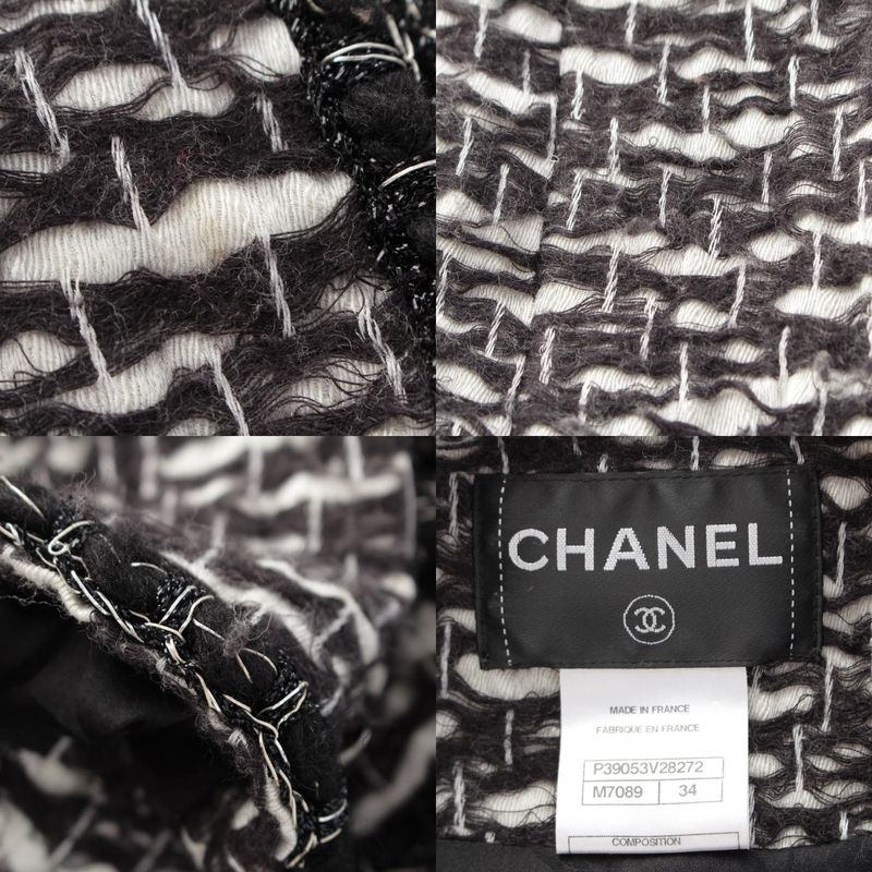 Chanel Wool CC Logo Trimmed Collarless Jacket Black White 34 X