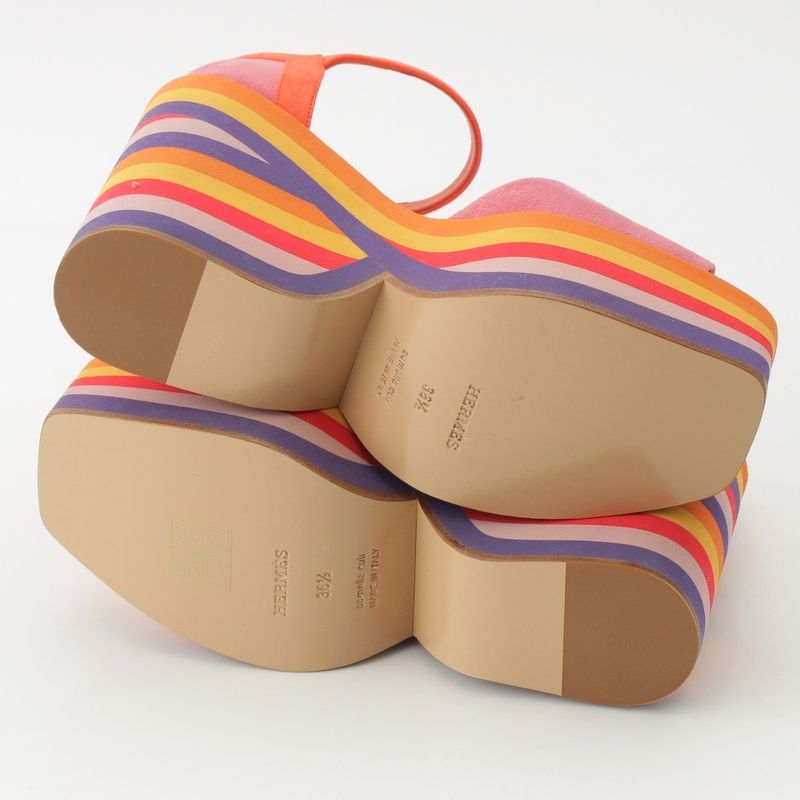 Hermes Suede Alley Colorful Wedge Sole Sandals Multicolor 36.5