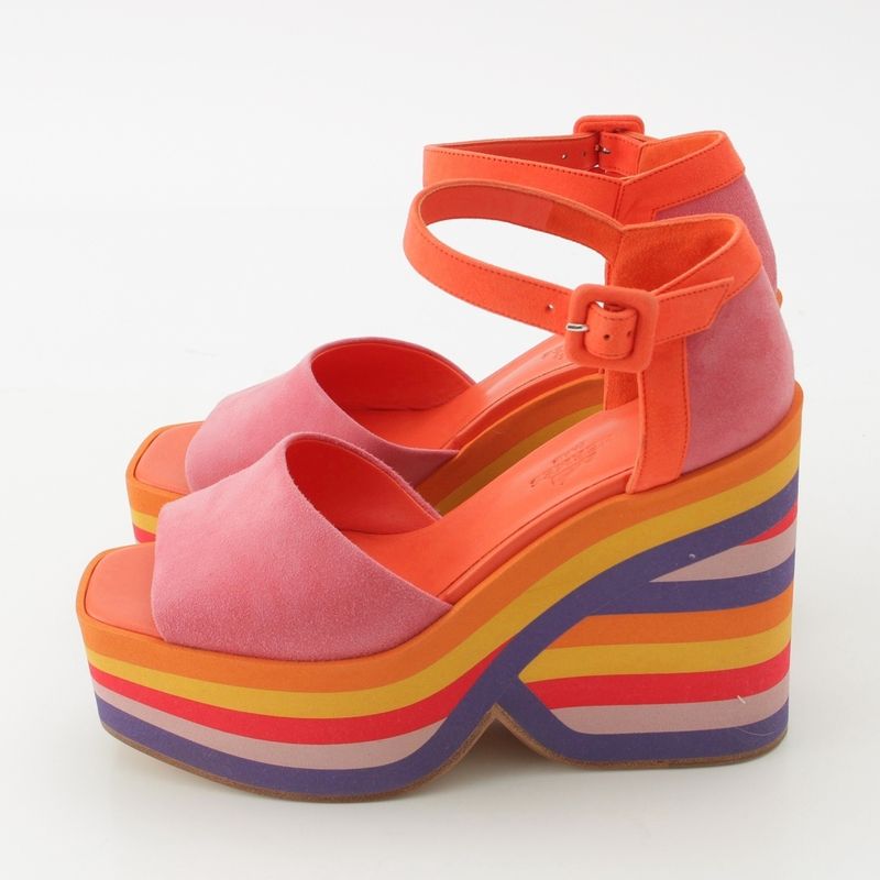 Hermes Suede Alley Colorful Wedge Sole Sandals Multicolor 36.5