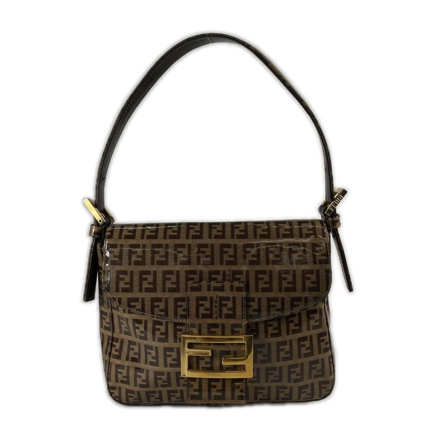 Fendi Zucchino Minimamma Shoulder Bag Patent Brown