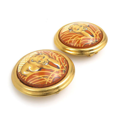 Hermes Earrings Enamel Brown Gold
