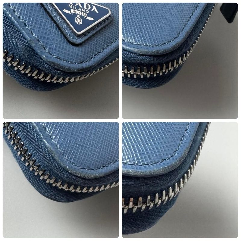 Prada Saffiano Triangle Zip Around Wallet Blue