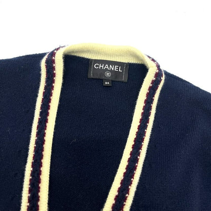 Chanel Cardigan CC Logo Button Cashmere Navy Blue & Red &