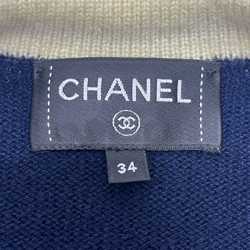 Chanel Cardigan CC Logo Button Cashmere Navy Blue & Red &