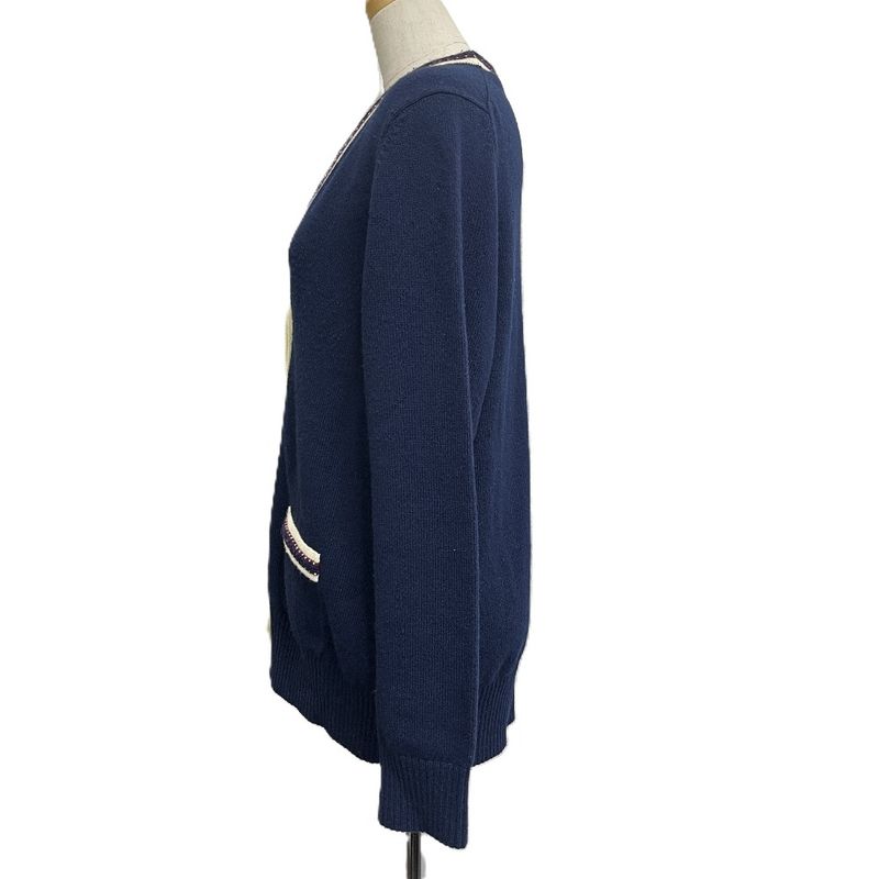 Chanel Cardigan CC Logo Button Cashmere Navy Blue & Red &