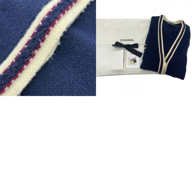 Chanel Cardigan CC Logo Button Cashmere Navy Blue & Red &